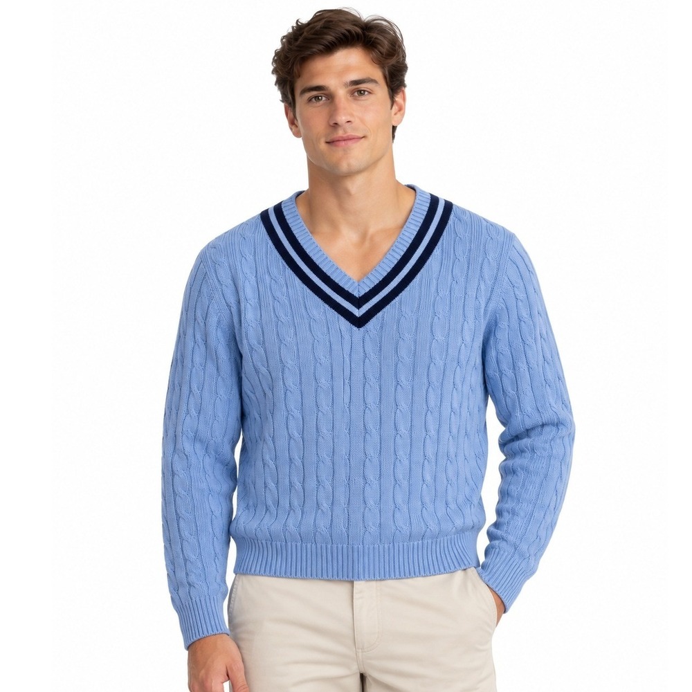 Lands End Mens Blue Cable Knit V-Neck Sweater Navy Stripe Trim 100% Cotton | L